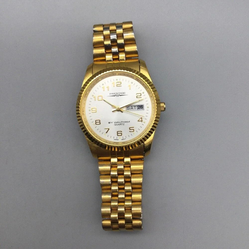 Prestige By Waltham Men Watch 36mm White Dial Gold Tone VPP012 New Battery 7.25